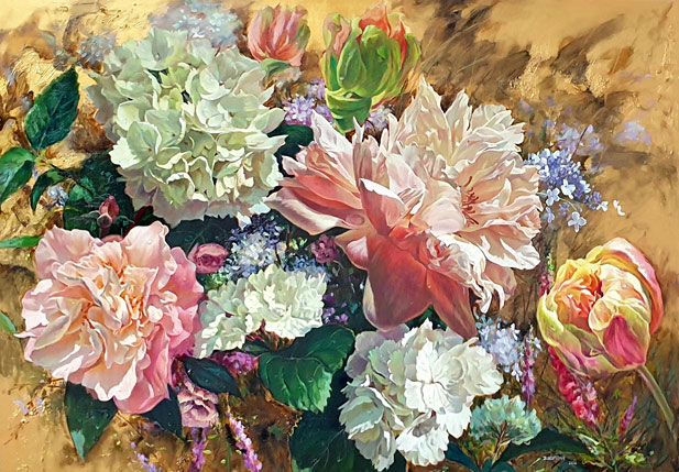 Zoe Feng NZ floral art, time story, oil on board